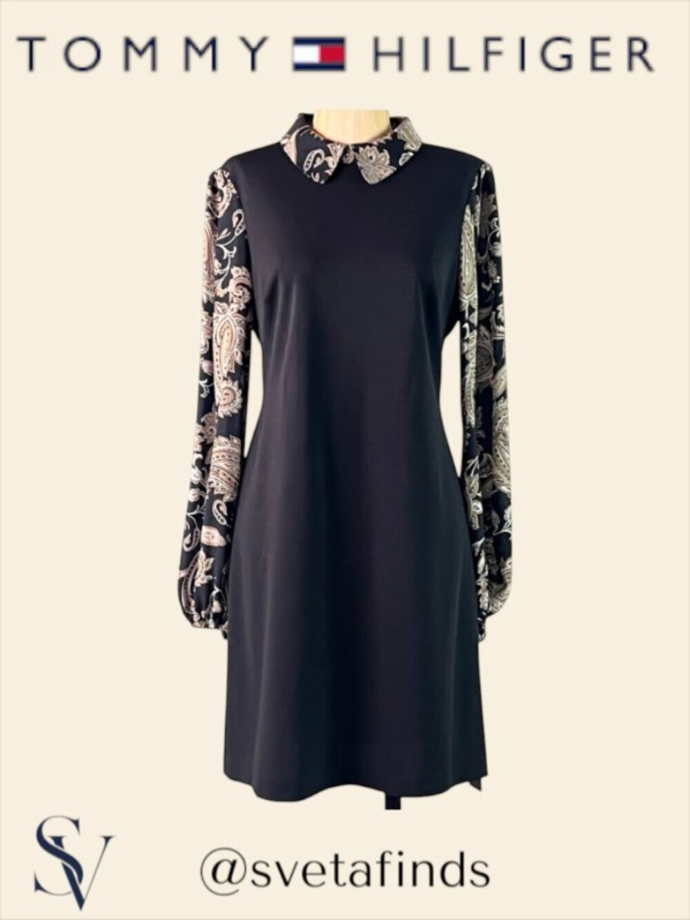 NWT Tommy Hilfiger Black Shift Dress with Tan Paisley Sleeves Collar Size 8